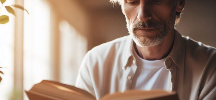 an older man with grey hair and a beard is reading a book next to a window