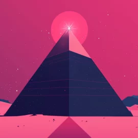 A pyramid in a pink desert with a star shining at the point