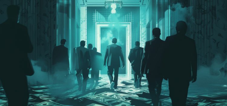 a drawing of men in suits from behind walking on money-covered floors illustrates who profits from war