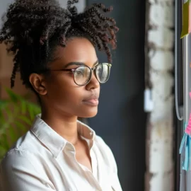 a young woman wearing glasses looking at sticky notes on a window illustrates how to evaluate a business idea