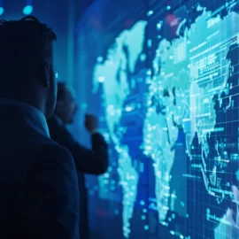 three silhouetted people looking at a digital world map on the wall illustrate the economic impact of COVID-19