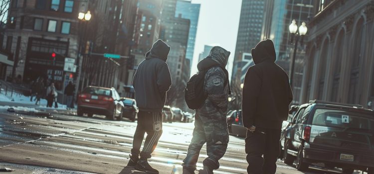 How the Black Kings Gang Operates in Chicago’s Underworld three men in hoodies walk down a city street where cars are parked along the curb on either side