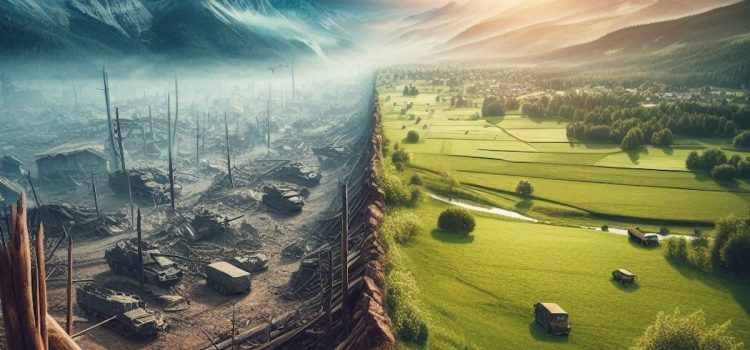 a split image with a war-torn landscape on the left and a peaceful landscape on the right illustrates solutions to war