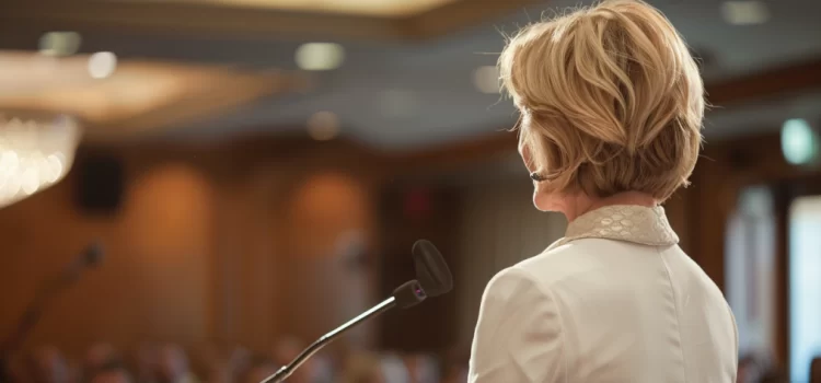 a blonde woman at a podium talking to an audience illustrates a White House Press Secretary