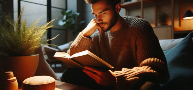 Determined: Robert Sapolsky Argues for Life Without Free Will A young bearded man in a cozy living room sitting on a couch and thoughtfully reading a book