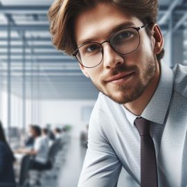 a manager with a beard, eyeglasses, and a necktie and a team working in the background depicts ways to empower employees
