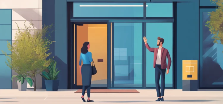 How to Fire a Customer as Nicely as Possible A man waving goodbye at a customer outside a building, showing how to fire a customer
