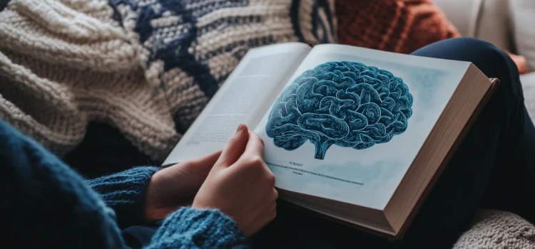 NeuroTribes by Steve Silberman: Book Overview & Takeaways A girl on a couch reading a book that has a drawn image of a brain on the page