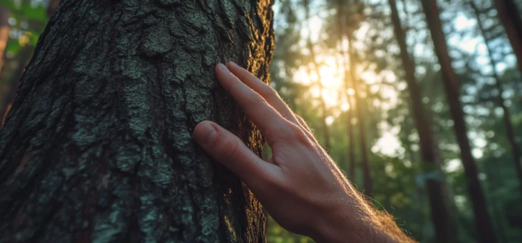 Creativity and Mindfulness: The Importance of Entering Flow A hand mindfully touching the bark of a tree in a forest