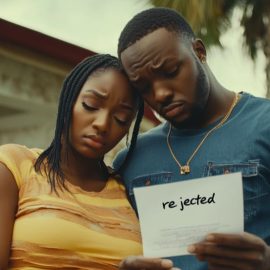 A Black couple being rejected for a house, displaying housing discrimination