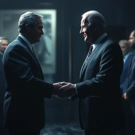 two men in business suits warmly shaking hands as others stand nearby illustrate democratic standards