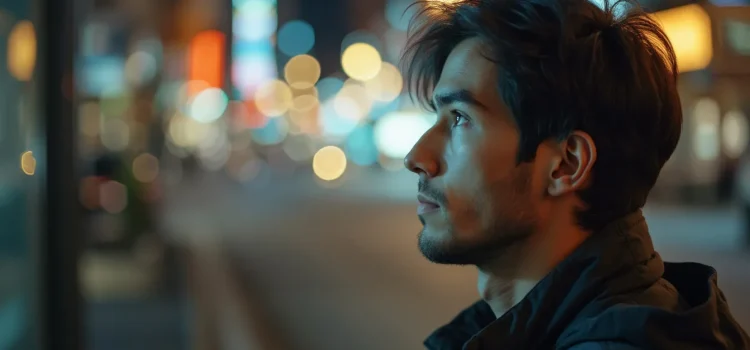 No Consequences? Taking Determinism to Its Logical Conclusion A nighttime scene with city lights in the background and a profile of a young man considering a world with no consequences