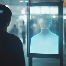 a man looking into a mirror with an undefined reflection illustrates the concept of anatta in Buddhism