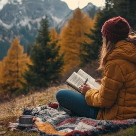 A woman in solitude sitting on a blanket in a forest creative writing in a journal
