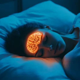 A woman sleeping, her brain is glowing in her head because she's learning to control her mind