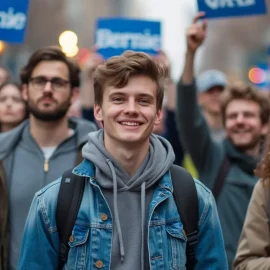 Young men at a political rally with blue signs that say "Bernie" illustrate Bernie Bros