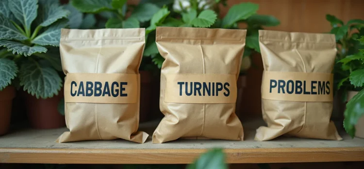 Small Problems Grow: How to Nip Them in the Bud A shelf in a nursery with seed packets labeled "CABBAGE," "TURNIPS," and "PROBLEMS" illustrates that small problems grow