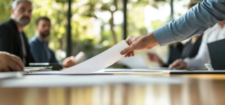 Propose a Solution: A Key Step in Conflict Resolution A person proposes a solution by putting a piece of paper on a conference room table as others look on