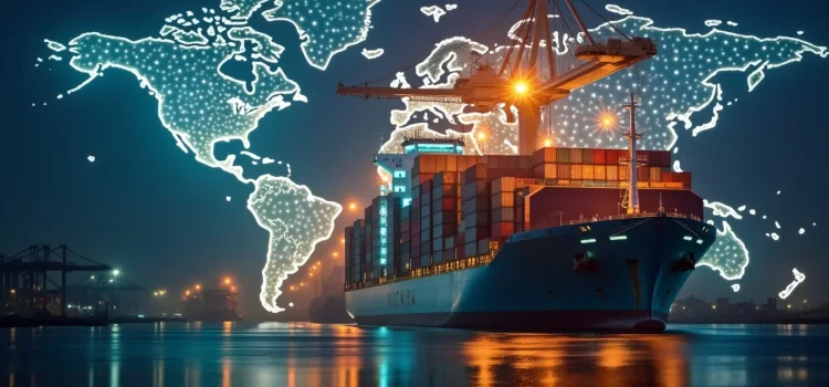Globalization After WWII: Peter Zeihan on the Era of World Trade A container ship in a harbor at nighttime with a lighted world map in the sky illustrates globalization after WWII
