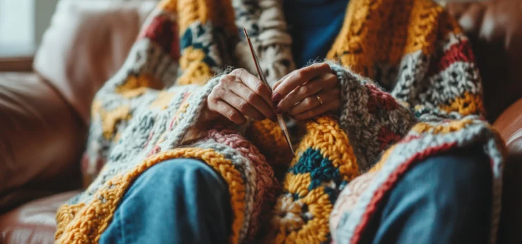 4 Ways to Tap Into Your Creativity (Bruce Feiler) A woman sitting on a couch who is tapping into her creativity by crocheting a blanket