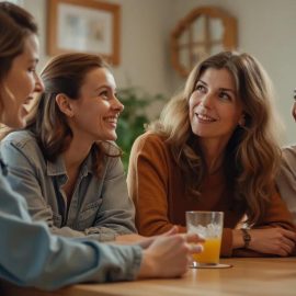 A group of four female friends talking and smiling illustrate Gemeinschaftsgefühl, Adler's concept of community feeling