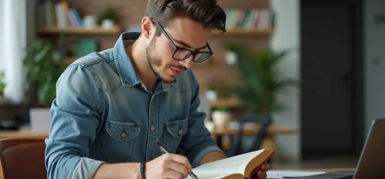 Speak With No Fear: Book Overview, Takeaways, & Exercise A young man with dark hair, a beard, and glasses in a home office reading a book and underlining text