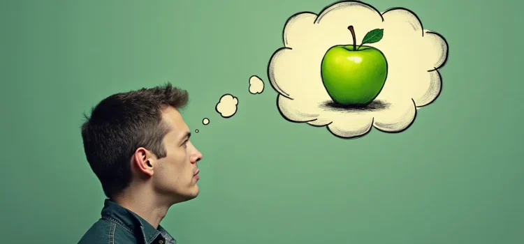 3 Mental Representations Our Brains Use (Steven Pinker) A man imagining a green apple (in a thought bubble over his head) illustrates mental representations