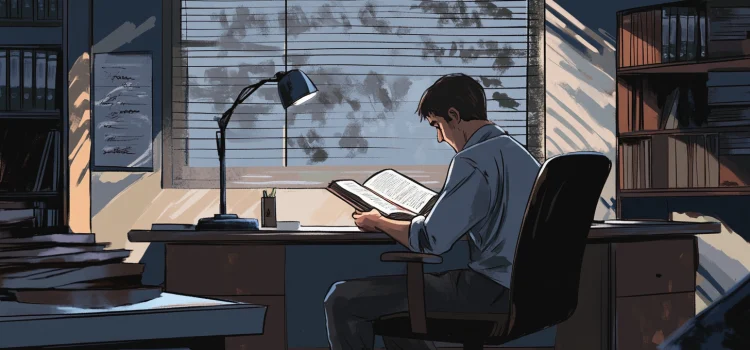 Innovation and Entrepreneurship: Book Overview (Drucker) A man reading a book in an office lit by a desk lamp