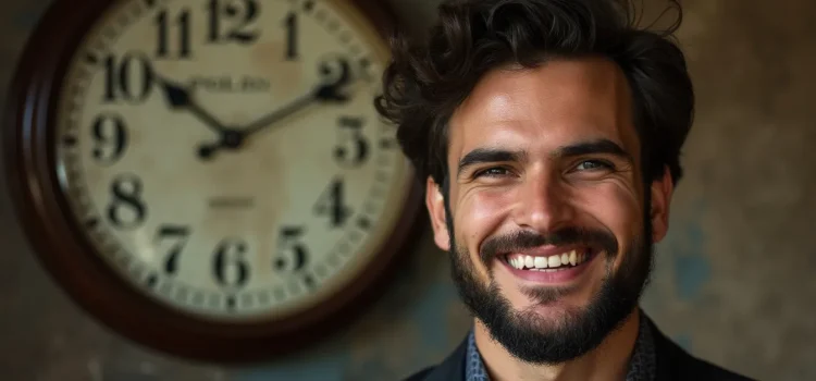 You Are Not a Machine: A Healthy View of Time Management A man with a large clock behind him illustrates it's crucial to remember that, when managing your time, you are not a machine