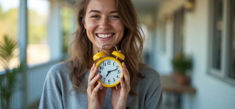 Effective Time Management Strategies: 5 Steps to Taking Control A smiling woman on a veranda holding a yellow alarm clock illustrates effective time management strategies