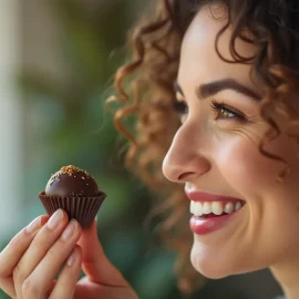 A smiling woman with curly brown hair holding a chocolate truffle illustrates small rewards