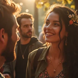 A smiling woman with long, dark curly hair with a floral dress and flowers in her hair illustrates how to appear charismatic