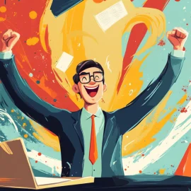 A manager embracing creative leadership by cheering at his desk with colors splashing behind him