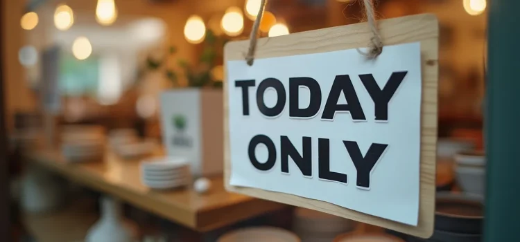 How to Increase Demand for a Product via Scarcity (Alex Hormozi) A sales display of dishes with a sign that says "Today Only" illustrates how to increase demand for a product