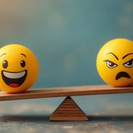 Balanced scales tipping back and forth between happy emojis and angry emojis illustrates cycles of society