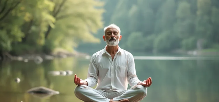 Traditional & Secular Mindfulness in the Modern West A middle-aged man with white hair and a beard practicing secular mindfulness meditation on a rock by a river