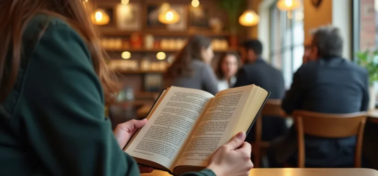 How to Become a People Magnet: Book Overview (Marc Reklau) A woman sitting at a table in a cafe reading a book with other people in the background sitting at tables