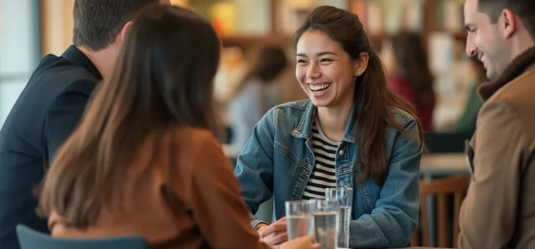 How Charismatic Communication Works (Vanessa Van Edwards) Two men and two women engaging in charismatic communication in a cafe