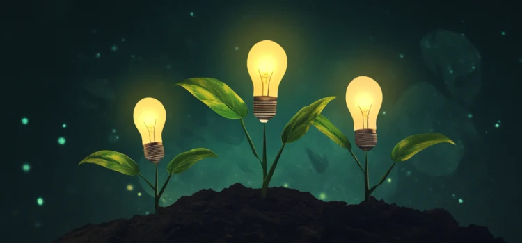 How to Encourage Innovation in the Workplace Three plants in the dark growing lightbulbs, representing how to encourage innovation in the workplace