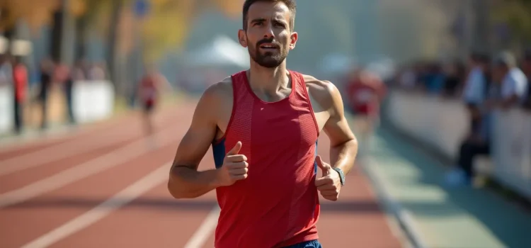 4 Tips for Developing a Productivity Mindset (Peter Hollins) A man wearing a red shirt running a race on a track illustrates a productivity mindset (a finisher's mindset)