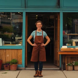 An owner specializing in startup management proudly stands in front of her small business