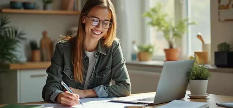 How to Complete a Task Successfully: 3 Tips From Peter Hollins A woman with long blonde hair, glasses, and a denim shirt writing at a desk illustrates how to complete a task successfully