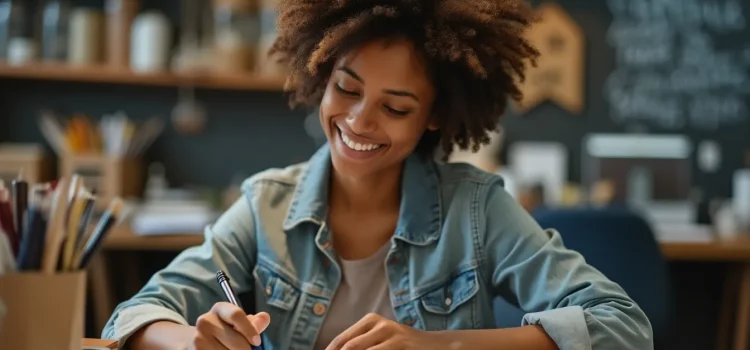 Work at Your Own Pace: 5 Strategies From Cal Newport A smiling woman writing on a piece of paper in a creative workspace illustrates the concept of working at your own pace
