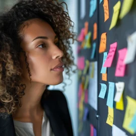 A professional woman looking at sticky notes on a board illustrates the first steps to starting a business
