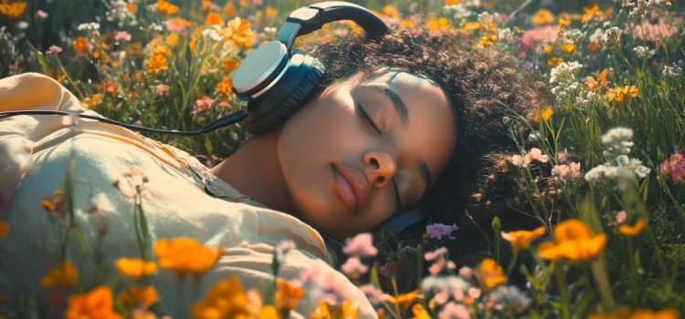 How to Be More Creative: 5 Tips From The Creative Act A woman with headphones on relaxing in a field of flowers, following recommendations on how to be more creative.