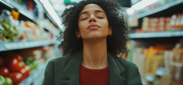 How to Slow Down in Life: Advice From a Zen Buddhist A woman learning how to slow down in life by closing her mind and living in the moment while at the grocery store