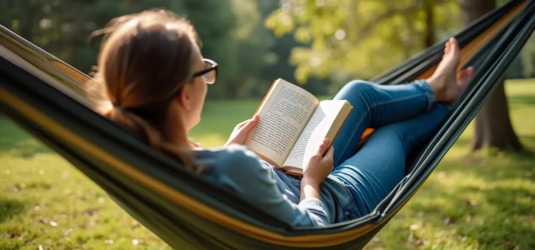 Rest Is Resistance: Book Overview & Takeaways (Tricia Hersey) A woman wearing glasses and blue jeans reading a book while lying in a hammock in the summertime with trees in the background