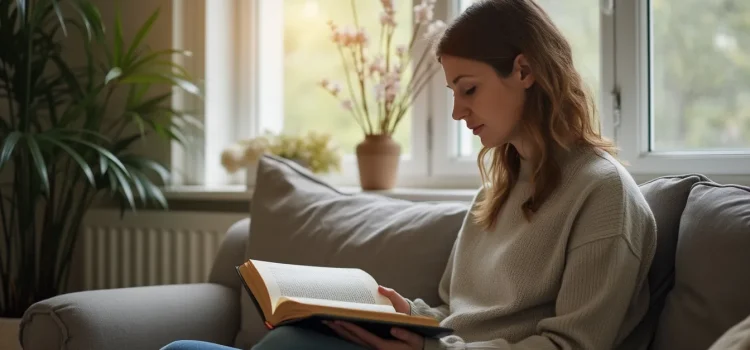 The Gift of Fear by Gavin de Becker: Book Overview A woman reading a book and sitting on a couch at home