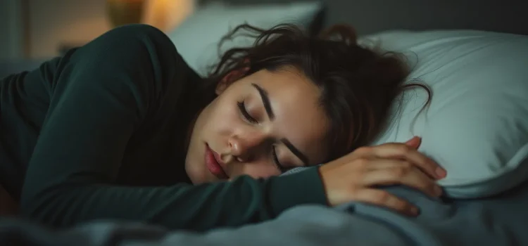 Circadian Rhythm & Sleep: 3 Habits to Live by (Satchin Panda) A woman in green pajamas with curly brown hair sleeping in a double bed illustrates the circadian rhythm / sleep connection