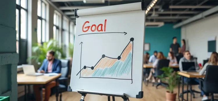 Goal Metrics: Annual Measurements & Fun Quarterly Themes A whiteboard with goal metrics (a line graph labeled "Goal") in the middle of an open workspace